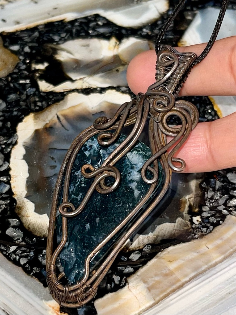 Fern-Like Oxidized Copper Wire-wrap Tree Moss Agate Pendant 3 1/4”